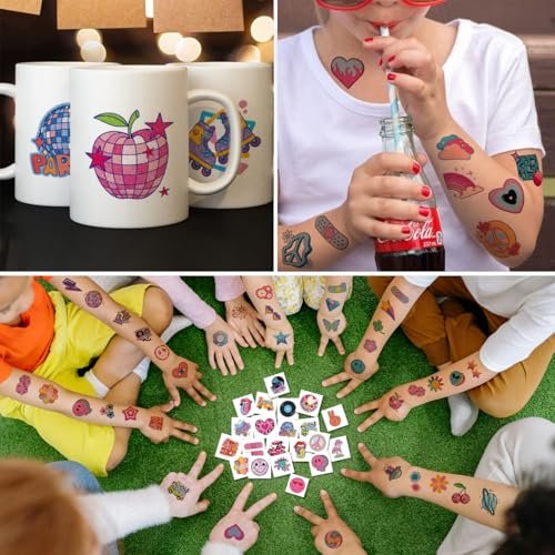 CHARLENT Glitter Groovy 70s Temporary Tattoos for Kids - 74 Individually Sheets Glitter Retro Flower Power, Smiley Decorations Tattoos Stickers for Boys Girls Party Supplies - görsel 10