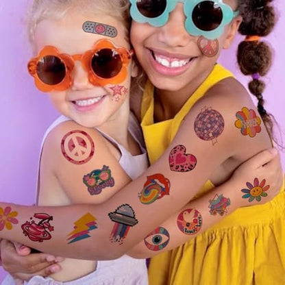 CHARLENT Glitter Groovy 70s Temporary Tattoos for Kids - 74 Individually Sheets Glitter Retro Flower Power, Smiley Decorations Tattoos Stickers for Boys Girls Party Supplies