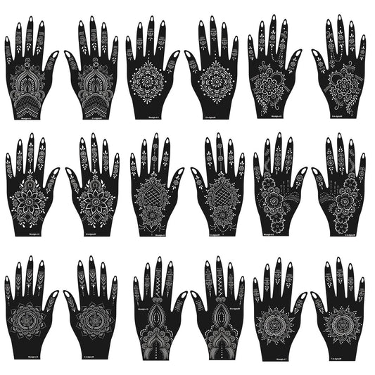 Mzstgh Henna Tattoo Stencils Kit - 18 Sheets Self-Adhesive Mehndi Templates for Hands, Traditional Indian Body Art