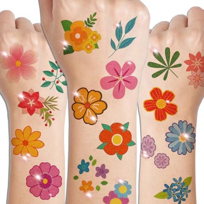 CHARLENT Glitter Flower Temporary Tattoos for Girls - 74 Individually Wrapped Sheets | Waterproof & Easy Peel | Kids Birthday Party Favors, Flower Theme Decorations