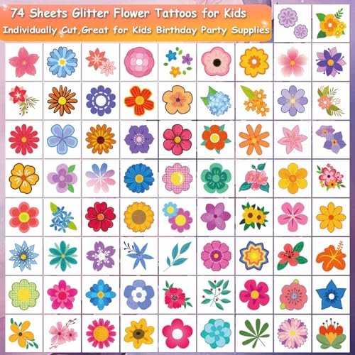CHARLENT Glitter Flower Temporary Tattoos for Girls - 74 Individually Wrapped Sheets | Waterproof & Easy Peel | Kids Birthday Party Favors, Flower Theme Decorations - görsel 4