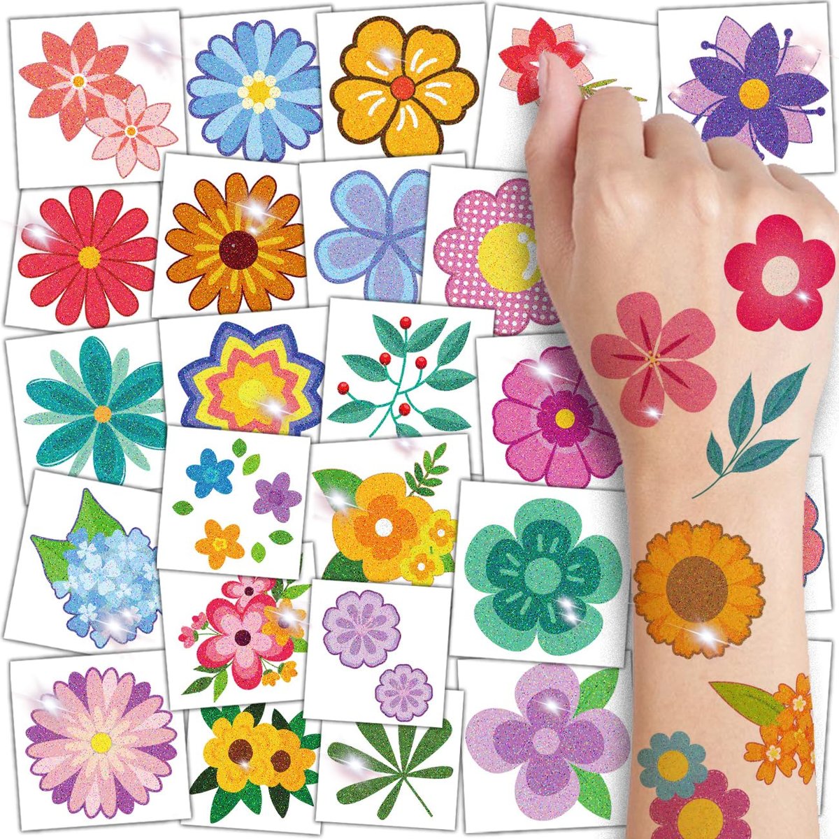 CHARLENT Glitter Flower Temporary Tattoos for Girls - 74 Individually Wrapped Sheets | Waterproof & Easy Peel | Kids Birthday Party Favors, Flower Theme Decorations - görsel 1