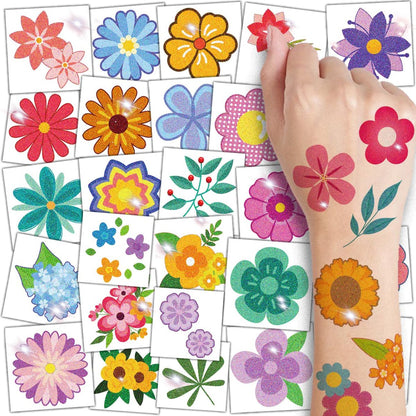 CHARLENT Glitter Flower Temporary Tattoos for Girls - 74 Individually Wrapped Sheets | Waterproof & Easy Peel | Kids Birthday Party Favors, Flower Theme Decorations