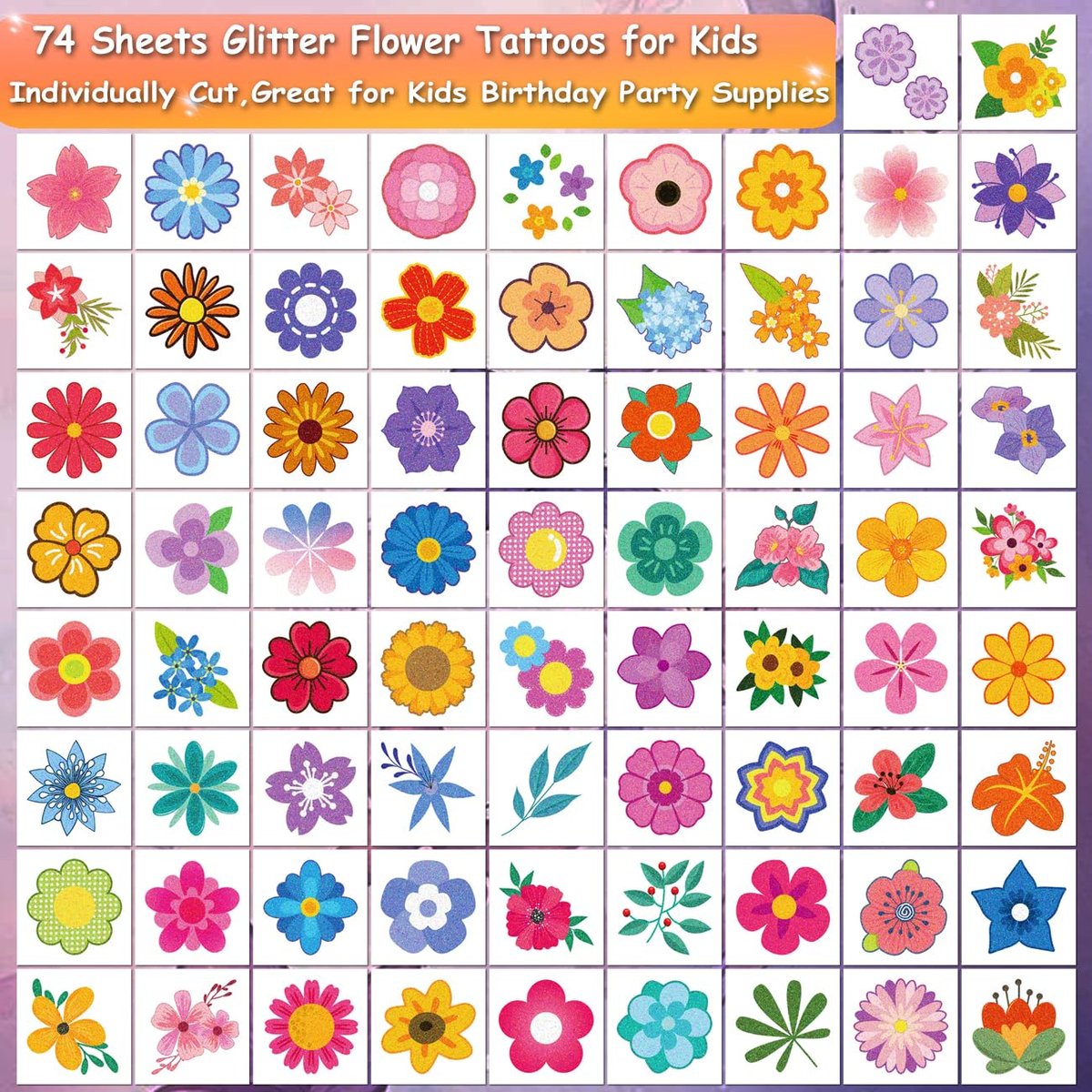CHARLENT Glitter Flower Temporary Tattoos for Girls - 74 Individually Wrapped Sheets | Waterproof & Easy Peel | Kids Birthday Party Favors, Flower Theme Decorations - görsel 3