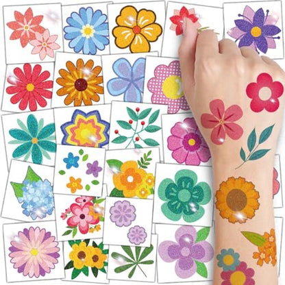 CHARLENT Glitter Flower Temporary Tattoos for Girls - 74 Individually Wrapped Sheets | Waterproof & Easy Peel | Kids Birthday Party Favors, Flower Theme Decorations