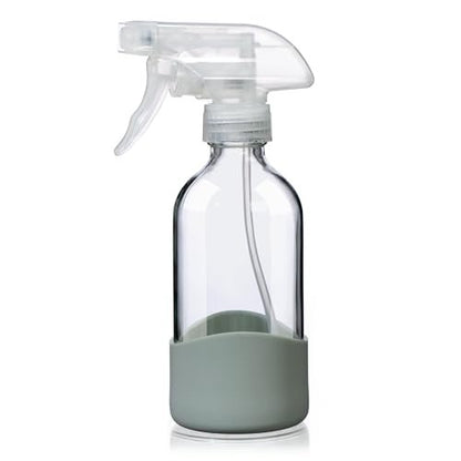 OCMML 8oz Clear Glass Spray Bottle with Silicone Sleeve – Refillable, Leakproof, Adjustable Nozzle for Cleaning Solutions, Hair, Plants & Essential Oils (1 Pack)