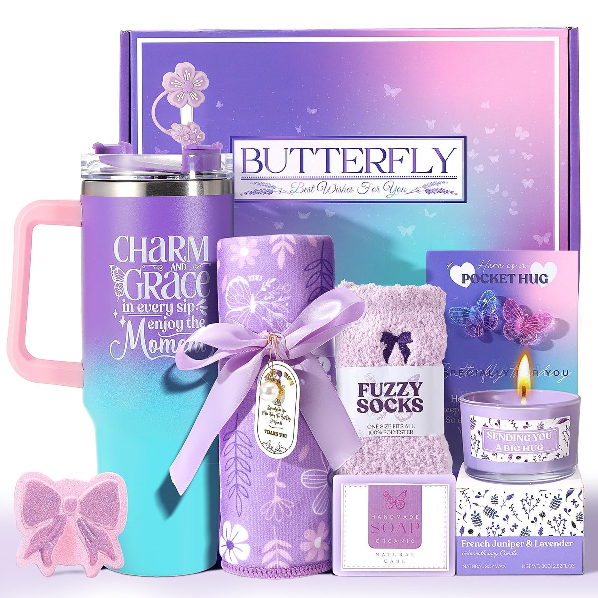 Lavender Self Care Gift Basket for Mom - Relaxing Spa Care Package with Soy Wax Candle Avelisse
