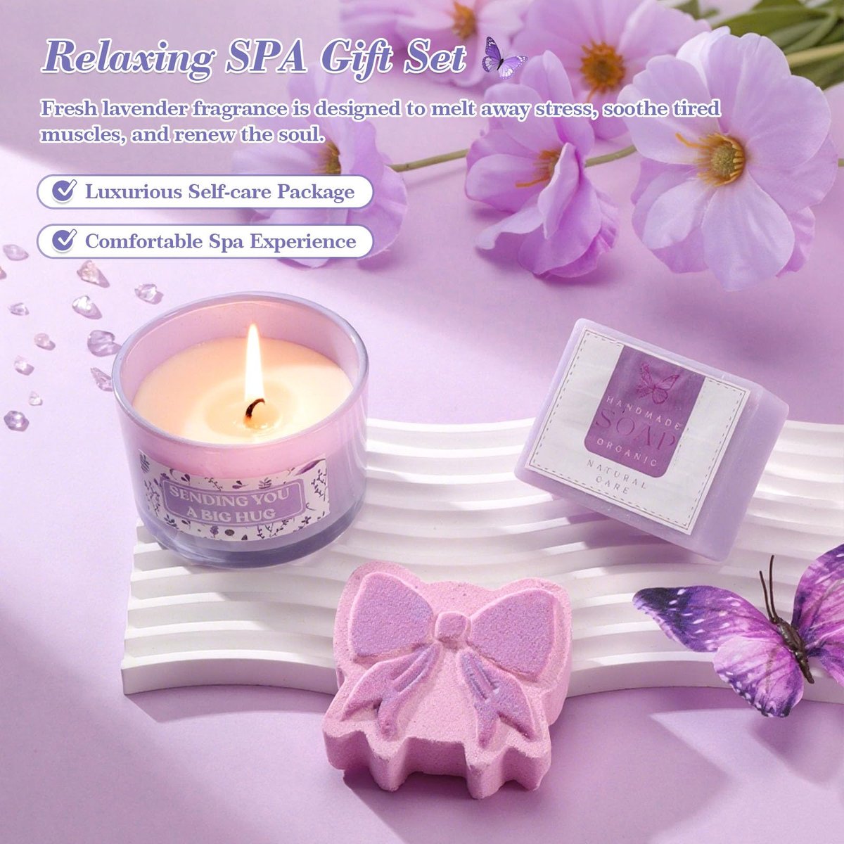 Lavender Self Care Gift Basket for Mom - Relaxing Spa Care Package with Soy Wax Candle Avelisse