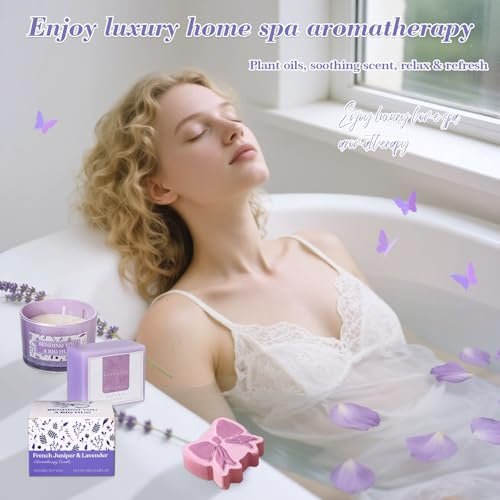 Lavender Self Care Gift Basket for Mom - Relaxing Spa Care Package with Soy Wax Candle Avelisse