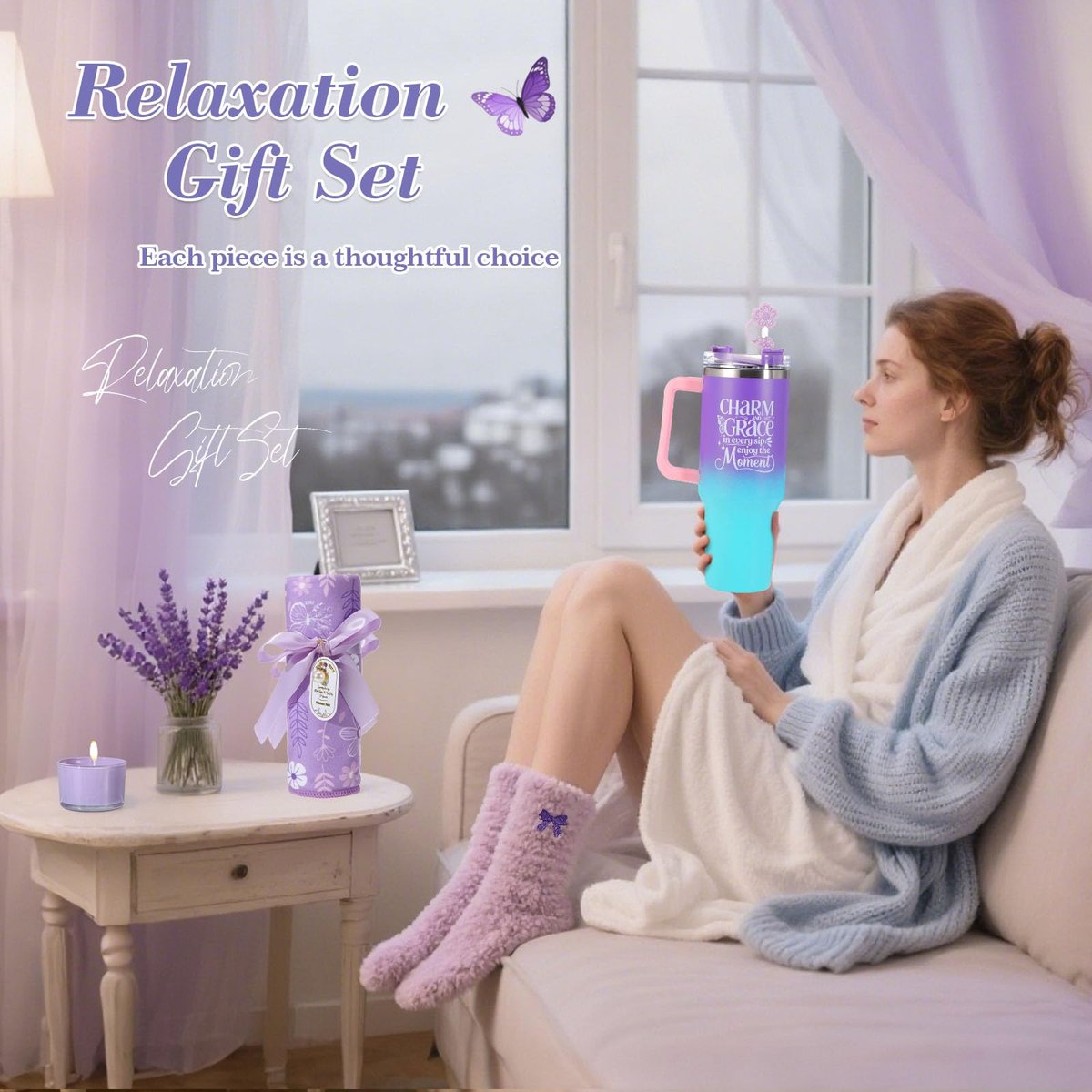 Lavender Self Care Gift Basket for Mom - Relaxing Spa Care Package with Soy Wax Candle Avelisse
