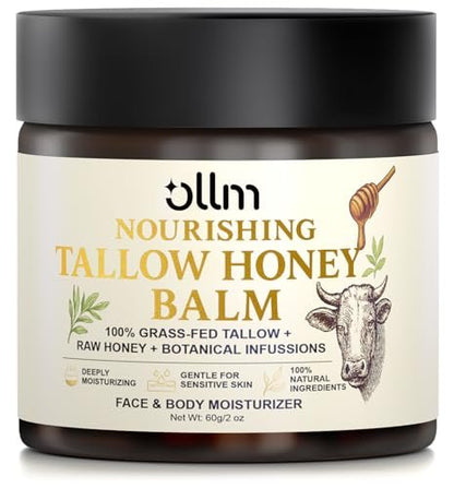 OLLM Beef Tallow for Skin: Grass Fed Tallow and Honey Balm with Raw Honey and Beeswax – Tallow Face Moisturizer for All Skin Types, Safe for Babies and Moms, Light Scent