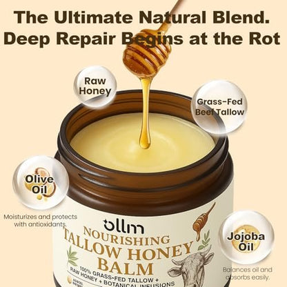 OLLM Beef Tallow for Skin: Grass Fed Tallow and Honey Balm with Raw Honey and Beeswax – Tallow Face Moisturizer for All Skin Types, Safe for Babies and Moms, Light Scent