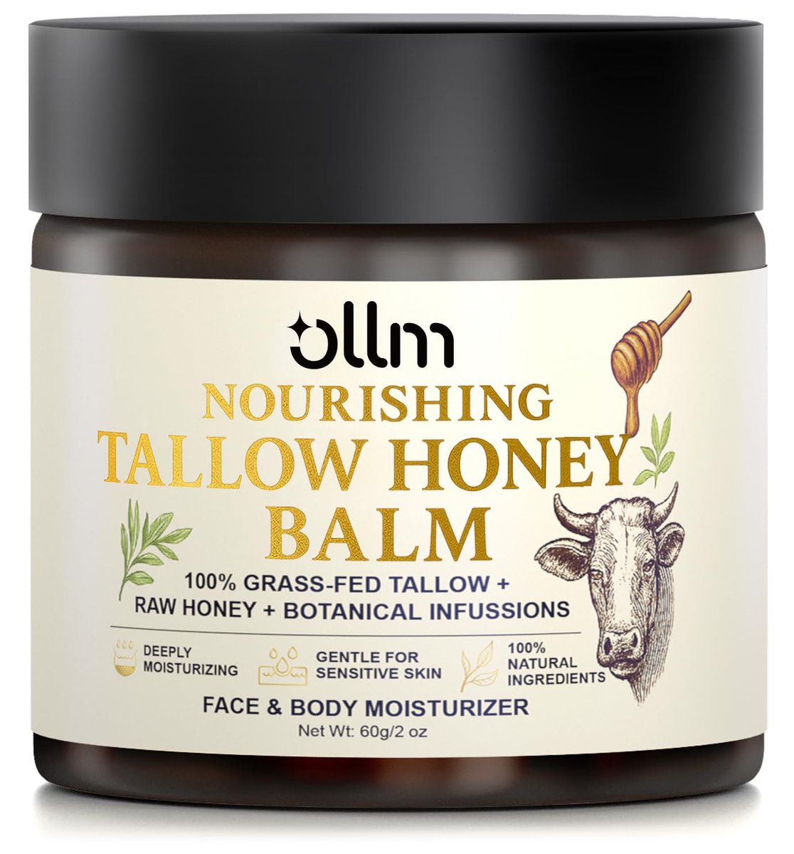 OLLM Beef Tallow for Skin: Grass Fed Tallow and Honey Balm with Raw Honey and Beeswax – Tallow Face Moisturizer for All Skin Types, Safe for Babies and Moms, Light Scent - görsel 1