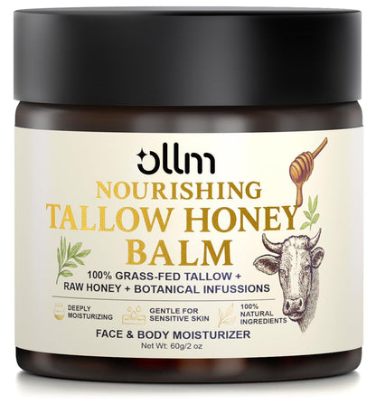 OLLM Beef Tallow for Skin: Grass Fed Tallow and Honey Balm with Raw Honey and Beeswax – Tallow Face Moisturizer for All Skin Types, Safe for Babies and Moms, Light Scent