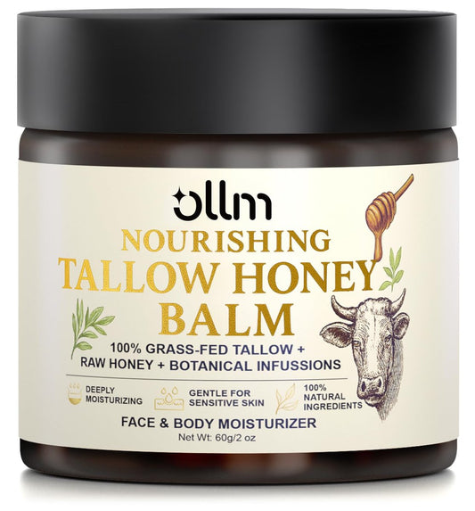 OLLM Beef Tallow for Skin: Grass Fed Tallow and Honey Balm with Raw Honey and Beeswax – Tallow Face Moisturizer for All Skin Types, Safe for Babies and Moms, Light Scent