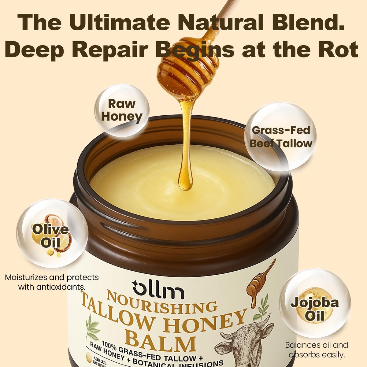 OLLM Beef Tallow for Skin: Grass Fed Tallow and Honey Balm with Raw Honey and Beeswax – Tallow Face Moisturizer for All Skin Types, Safe for Babies and Moms, Light Scent - görsel 5