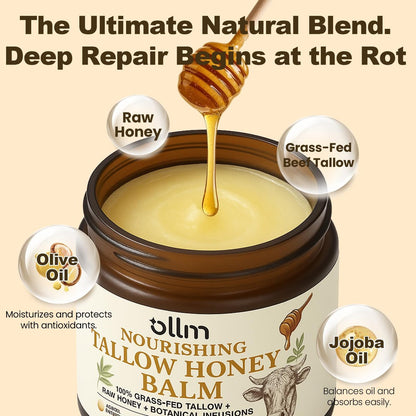 OLLM Beef Tallow for Skin: Grass Fed Tallow and Honey Balm with Raw Honey and Beeswax – Tallow Face Moisturizer for All Skin Types, Safe for Babies and Moms, Light Scent