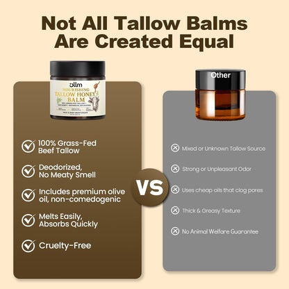 OLLM Beef Tallow for Skin: Grass Fed Tallow and Honey Balm with Raw Honey and Beeswax – Tallow Face Moisturizer for All Skin Types, Safe for Babies and Moms, Light Scent