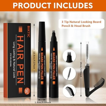 BIKTIC 3-Pack Beard Pencil Filler for Men (Black) – Four-Fork Tip Beard Styling Pen, Waterproof & Sweat Proof, Long Lasting, Effectively Enhances Facial Hair