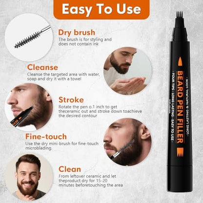 BIKTIC 3-Pack Beard Pencil Filler for Men (Black) – Four-Fork Tip Beard Styling Pen, Waterproof & Sweat Proof, Long Lasting, Effectively Enhances Facial Hair