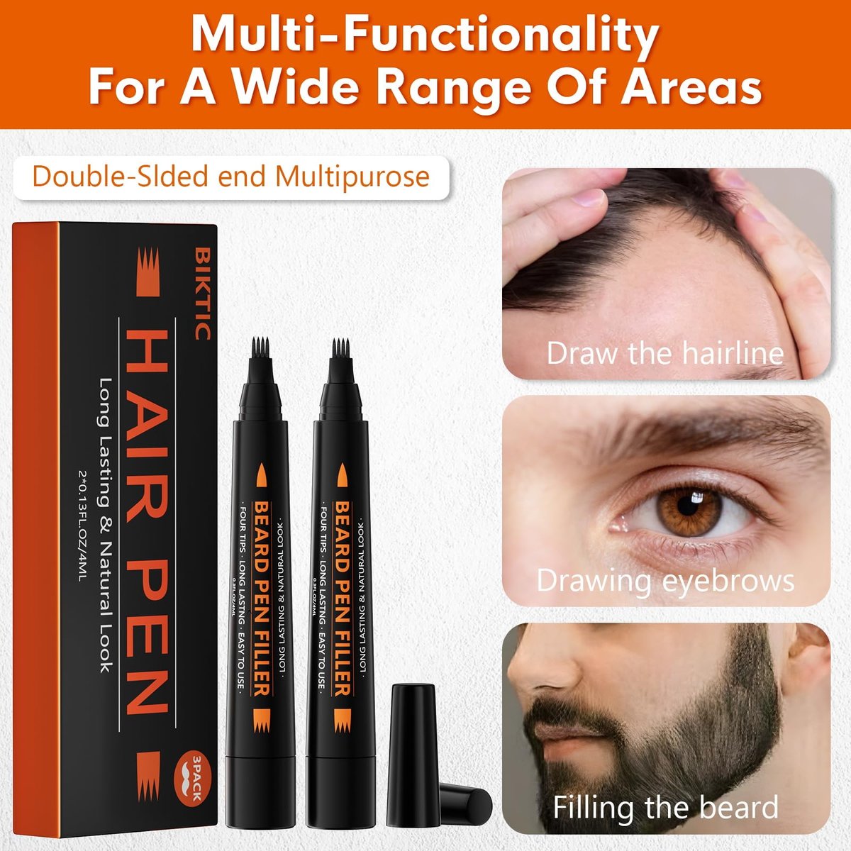 BIKTIC 3-Pack Beard Pencil Filler for Men (Black) – Four-Fork Tip Beard Styling Pen, Waterproof & Sweat Proof, Long Lasting, Effectively Enhances Facial Hair - görsel 8