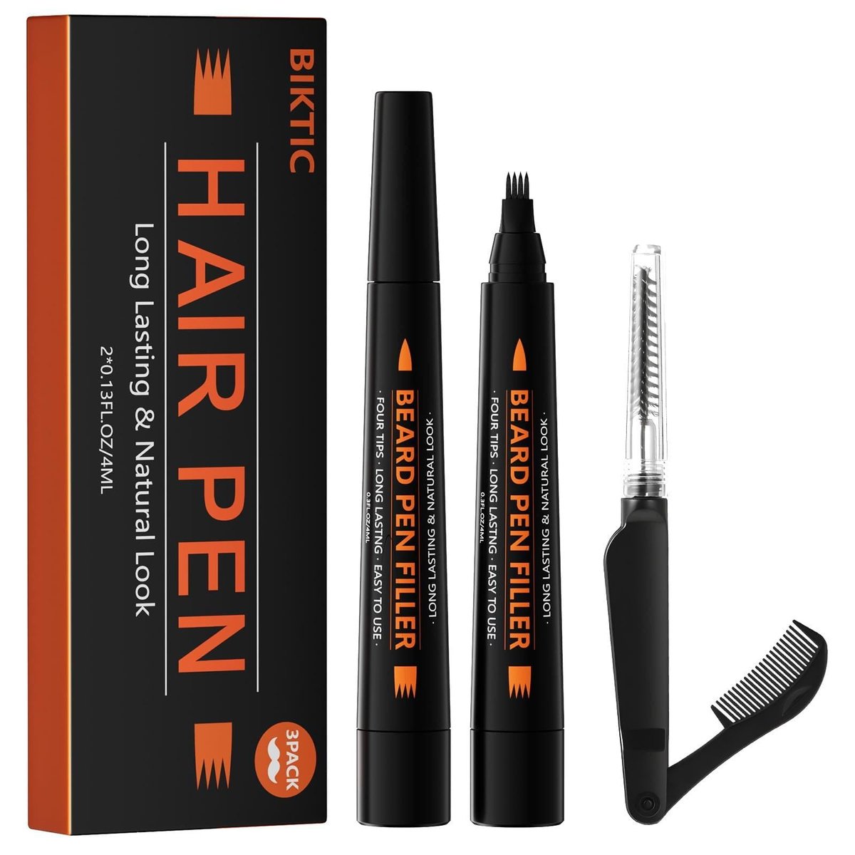 BIKTIC 3-Pack Beard Pencil Filler for Men (Black) – Four-Fork Tip Beard Styling Pen, Waterproof & Sweat Proof, Long Lasting, Effectively Enhances Facial Hair - görsel 2