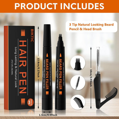 BIKTIC 3-Pack Beard Pencil Filler for Men (Black) – Four-Fork Tip Beard Styling Pen, Waterproof & Sweat Proof, Long Lasting, Effectively Enhances Facial Hair