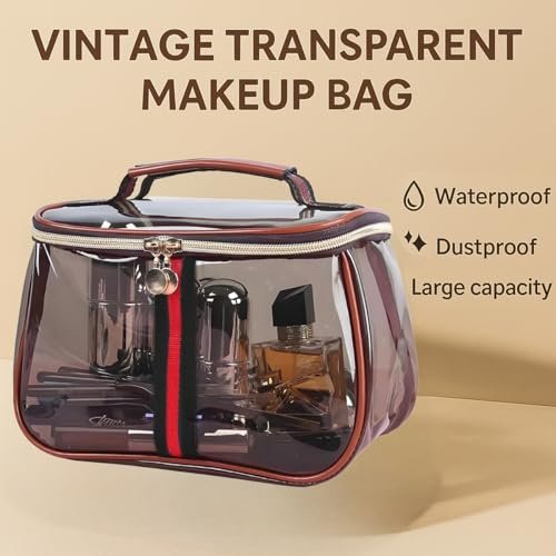 New Retro Vintage Vanity Bag - Clear Makeup Organizer with Handle, Large Capacity Water Resistant Cosmetic Toiletry Bag for Women, Travel Skincare Storage Case Avelisse