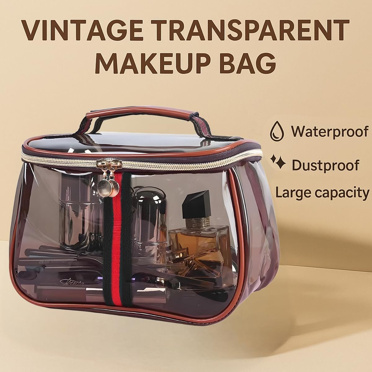 New Retro Vintage Vanity Bag - Clear Makeup Organizer with Handle, Large Capacity Water Resistant Cosmetic Toiletry Bag for Women, Travel Skincare Storage Case Avelisse