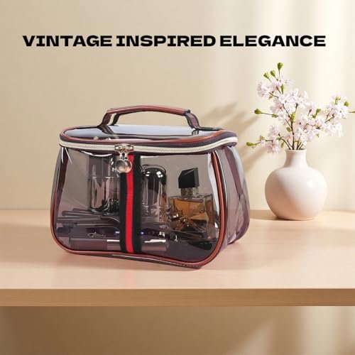 New Retro Vintage Vanity Bag - Clear Makeup Organizer with Handle, Large Capacity Water Resistant Cosmetic Toiletry Bag for Women, Travel Skincare Storage Case Avelisse