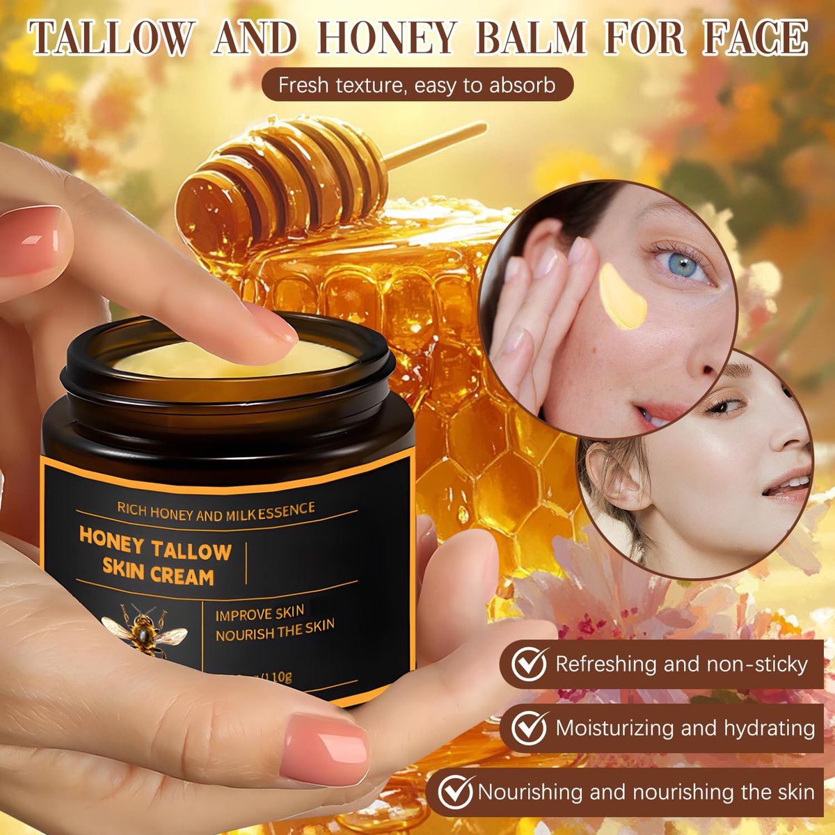 2-Pack Marromi Beef Tallow for Skin with Raw Honey – Organic Grass-Fed Tallow Balm, Natural Moisturizer & Anti-Aging Face Cream for All Skin Types - görsel 3