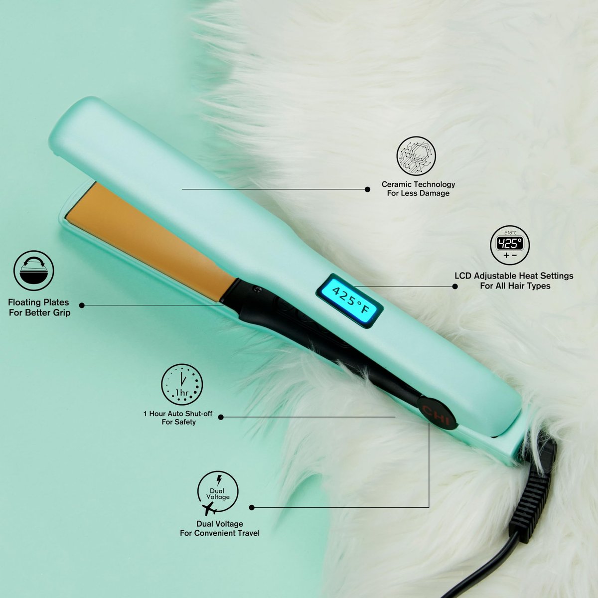 CHI Original Flat Iron Hair Straightener - Mint Mojito - 1.25 Inch Ceramic Floating Plates for Smooth, Frizz-Free Results Avelisse