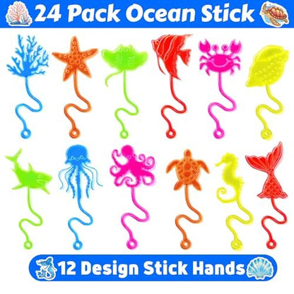 48PCS Ocean Party Favors: 24 Temporary Tattoos & 24 Stick Hands – Perfect for Birthday Supplies, Goodie Bag Stuffers, Classroom Prizes