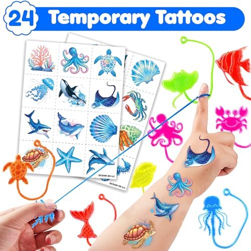 48PCS Ocean Party Favors: 24 Temporary Tattoos & 24 Stick Hands – Perfect for Birthday Supplies, Goodie Bag Stuffers, Classroom Prizes - görsel 4