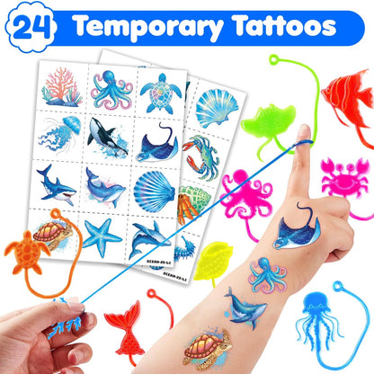 48PCS Ocean Party Favors: 24 Temporary Tattoos & 24 Stick Hands – Perfect for Birthday Supplies, Goodie Bag Stuffers, Classroom Prizes