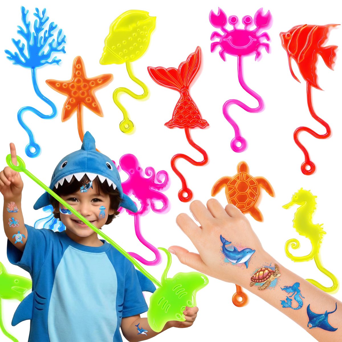 48PCS Ocean Party Favors: 24 Temporary Tattoos & 24 Stick Hands – Perfect for Birthday Supplies, Goodie Bag Stuffers, Classroom Prizes - görsel 1