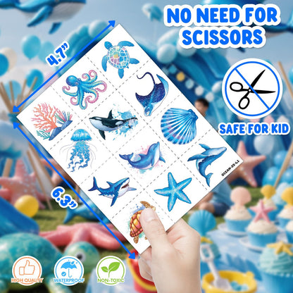 48PCS Ocean Party Favors: 24 Temporary Tattoos & 24 Stick Hands – Perfect for Birthday Supplies, Goodie Bag Stuffers, Classroom Prizes