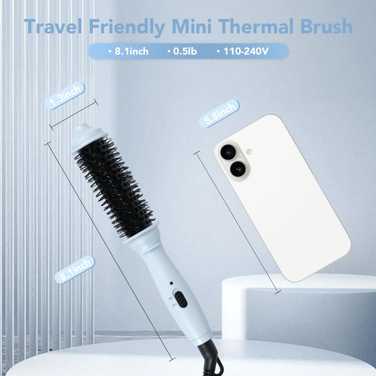 Ouphiny Dual Voltage Heated Round Brush - 1 Inch Mini Thermal Brush for Volumizing and Small Curls, Travel Curling Iron for Short Hair, Blue - görsel 3
