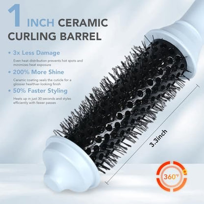 Ouphiny Dual Voltage Heated Round Brush - 1 Inch Mini Thermal Brush for Volumizing and Small Curls, Travel Curling Iron for Short Hair, Blue