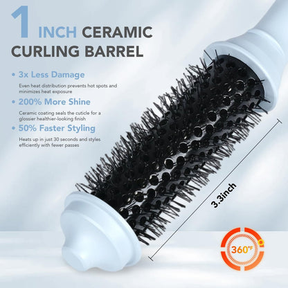 Ouphiny Dual Voltage Heated Round Brush - 1 Inch Mini Thermal Brush for Volumizing and Small Curls, Travel Curling Iron for Short Hair, Blue