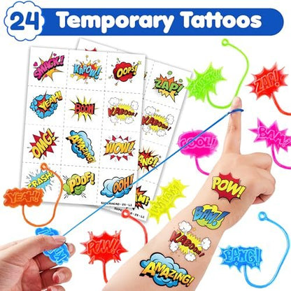 48-Piece Hero Pow Party Favors: 24 Temporary Tattoos & 24 Stick Hands – Perfect for Birthday Supplies, Goodie Bags, Classroom Prizes, and Student Gifts