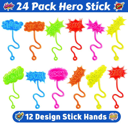 48-Piece Hero Pow Party Favors: 24 Temporary Tattoos & 24 Stick Hands – Perfect for Birthday Supplies, Goodie Bags, Classroom Prizes, and Student Gifts