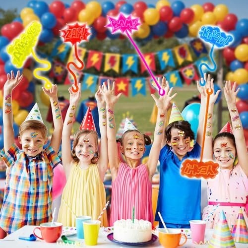 48-Piece Hero Pow Party Favors: 24 Temporary Tattoos & 24 Stick Hands – Perfect for Birthday Supplies, Goodie Bags, Classroom Prizes, and Student Gifts - görsel 12