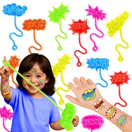 48-Piece Hero Pow Party Favors: 24 Temporary Tattoos & 24 Stick Hands – Perfect for Birthday Supplies, Goodie Bags, Classroom Prizes, and Student Gifts - görsel 2