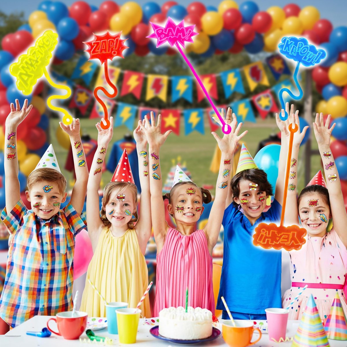 48-Piece Hero Pow Party Favors: 24 Temporary Tattoos & 24 Stick Hands – Perfect for Birthday Supplies, Goodie Bags, Classroom Prizes, and Student Gifts - görsel 11