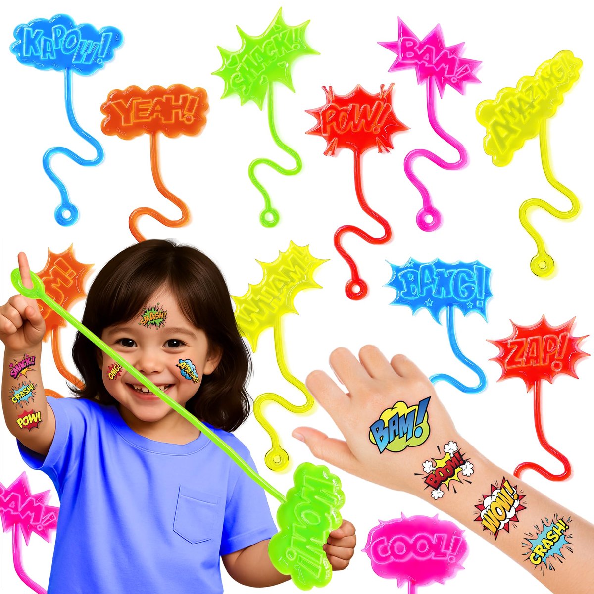 48-Piece Hero Pow Party Favors: 24 Temporary Tattoos & 24 Stick Hands – Perfect for Birthday Supplies, Goodie Bags, Classroom Prizes, and Student Gifts - görsel 1