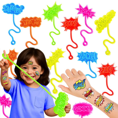 48-Piece Hero Pow Party Favors: 24 Temporary Tattoos & 24 Stick Hands – Perfect for Birthday Supplies, Goodie Bags, Classroom Prizes, and Student Gifts