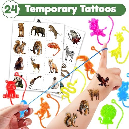 48-Piece Animal Jungle Party Favors: 24 Temporary Tattoos & 24 Sticky Hands – Perfect for Birthday Party Supplies, Goodie Bag Stuffers, Classroom Prizes - görsel 4