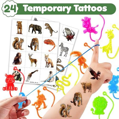 48-Piece Animal Jungle Party Favors: 24 Temporary Tattoos & 24 Sticky Hands – Perfect for Birthday Party Supplies, Goodie Bag Stuffers, Classroom Prizes