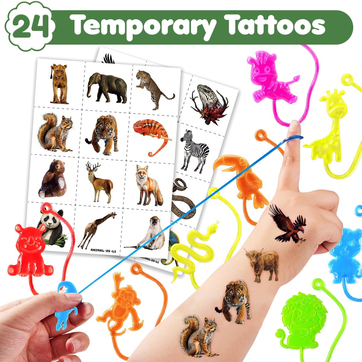 48-Piece Animal Jungle Party Favors: 24 Temporary Tattoos & 24 Sticky Hands – Perfect for Birthday Party Supplies, Goodie Bag Stuffers, Classroom Prizes - görsel 3